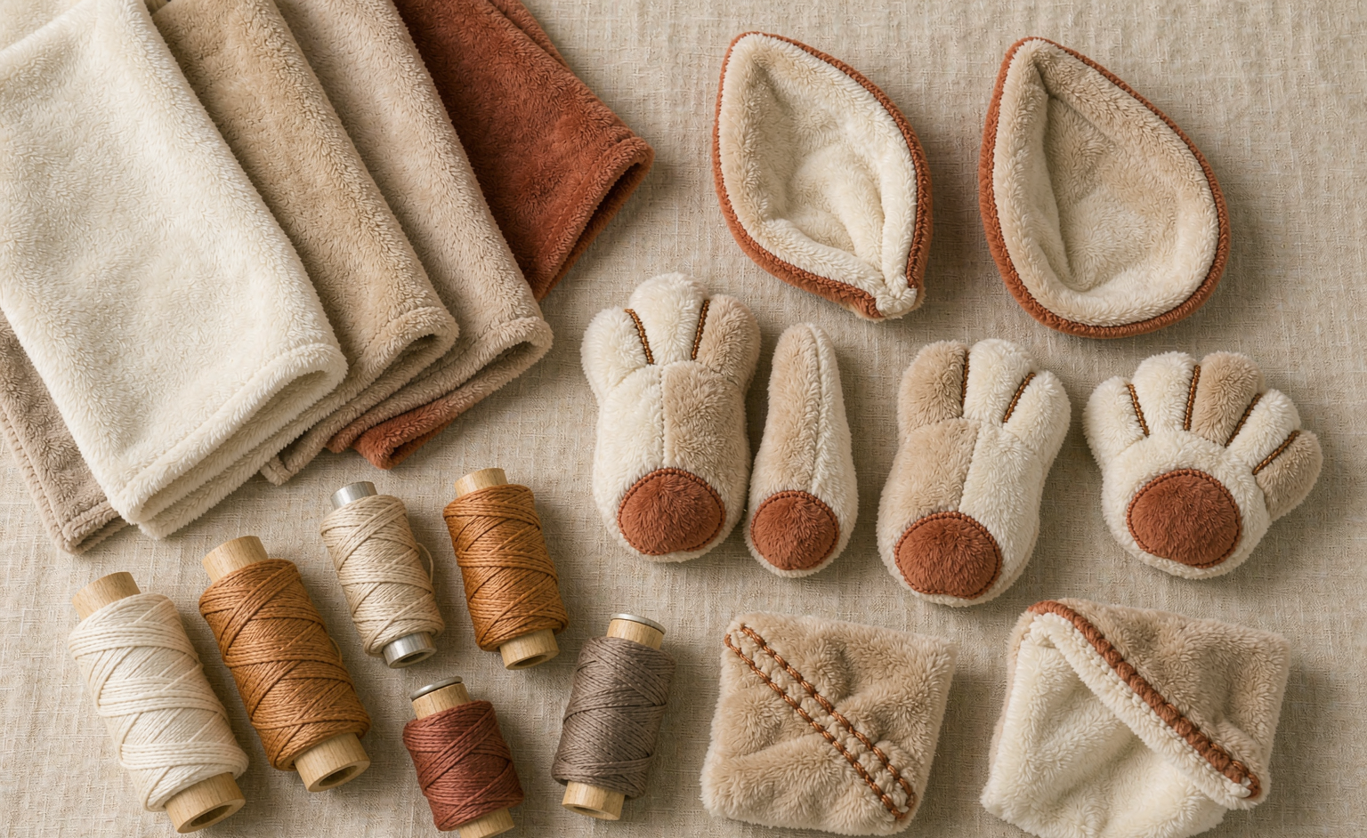 Premium plush fabric swatches and materials flat lay