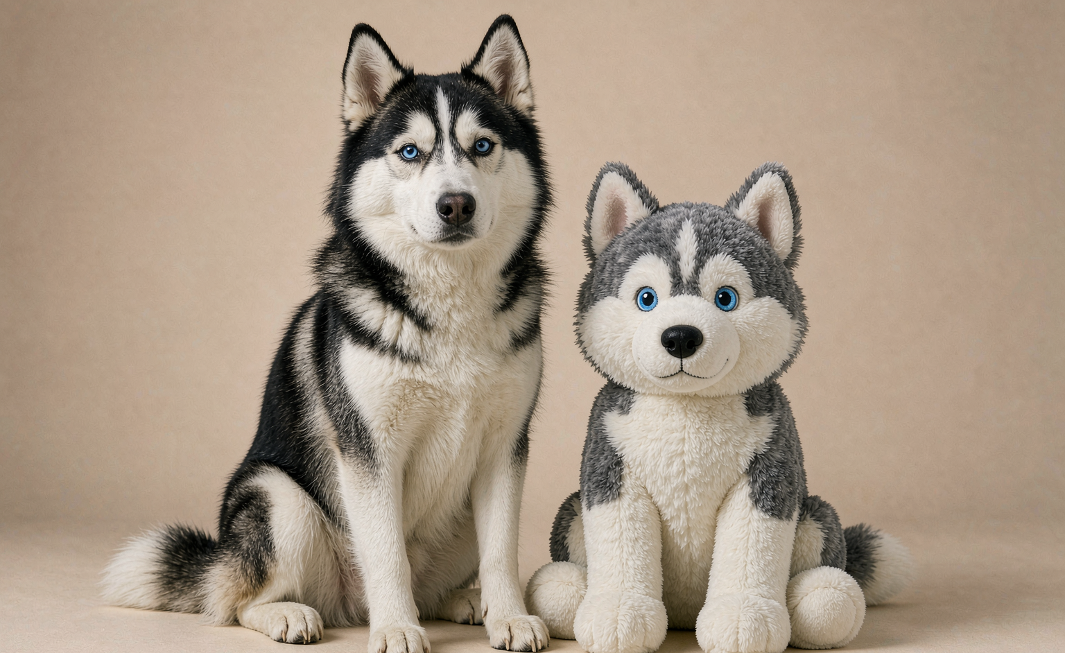A husky sitting beside a custom plush made to look like the same dog