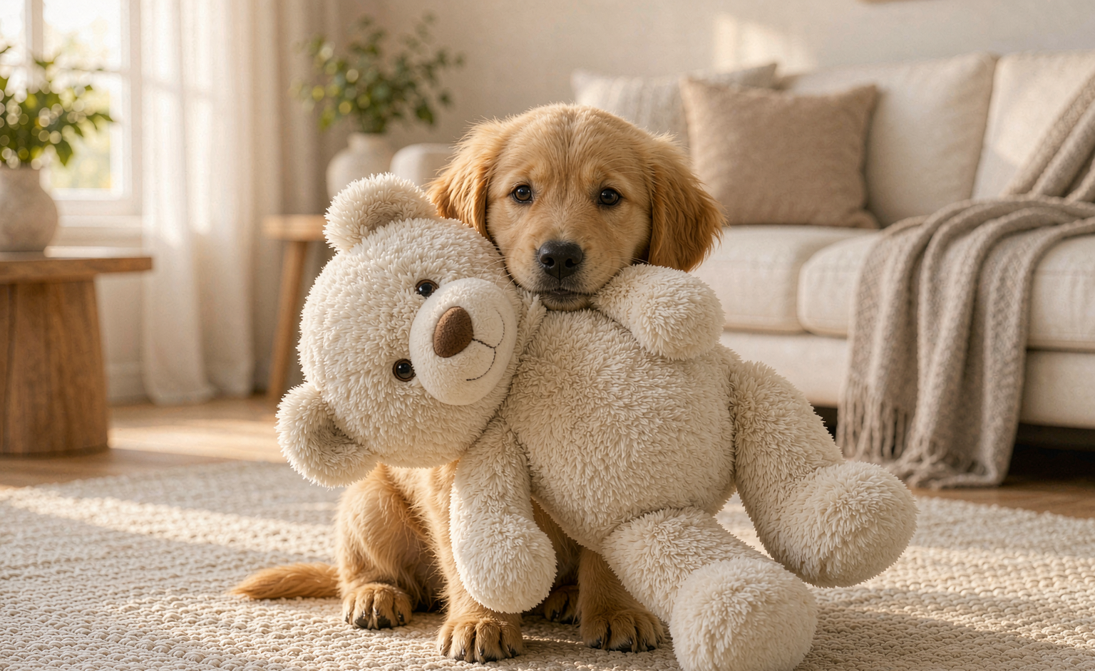 A golden retriever puppy carrying an oversized cream plush teddy bear