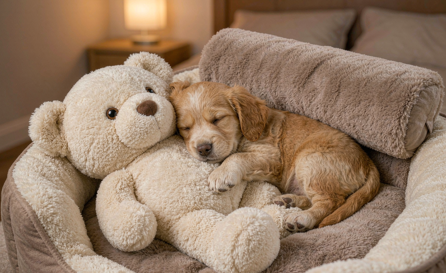 A puppy sleeping in a dog bed, cuddling an oversized plush teddy bear